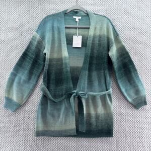 LC Lauren Conrad Cardigan Womens S Green Knit Open Front Belted Bishop Sleeve